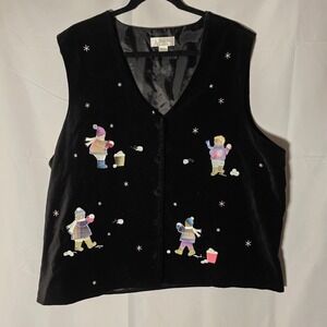 CJ Banks Black Velvet Vest Winter Snowman Embroidered Christmas Holiday 20W